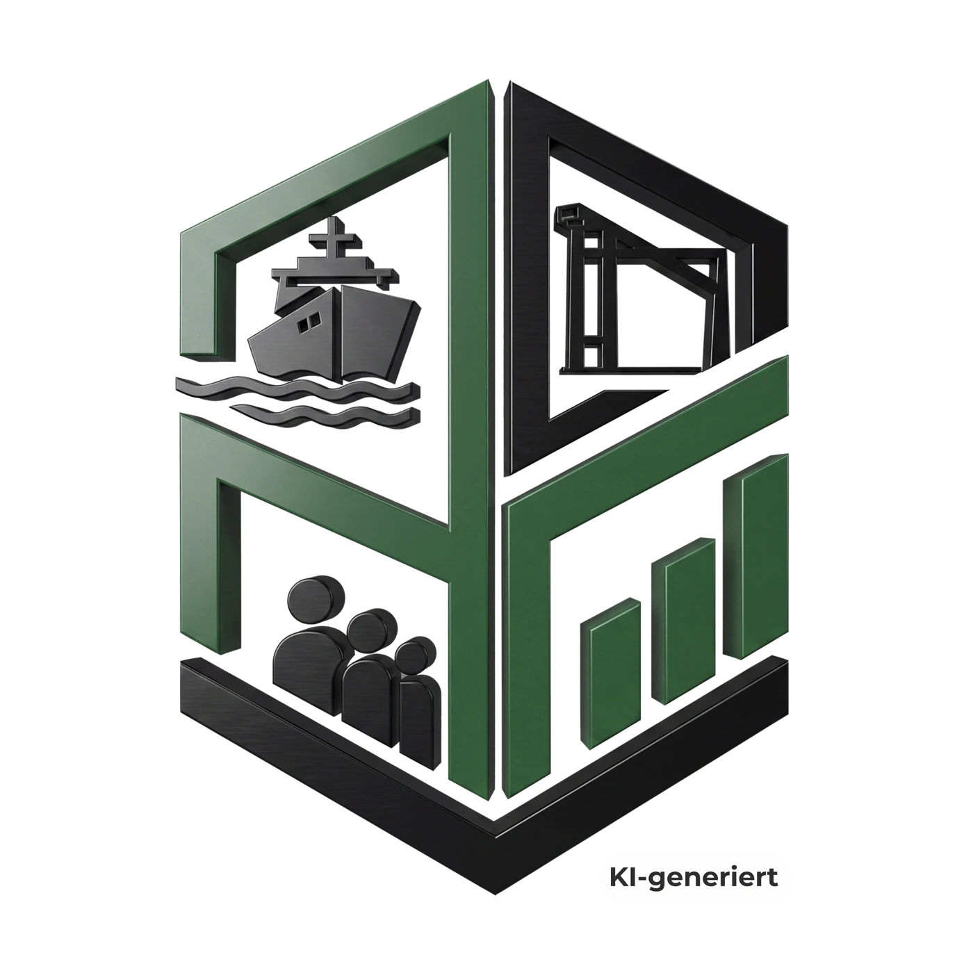 Dreidimensionales MK-Group-Symbol mit Schiff, Industrie, Menschen und Wachstum