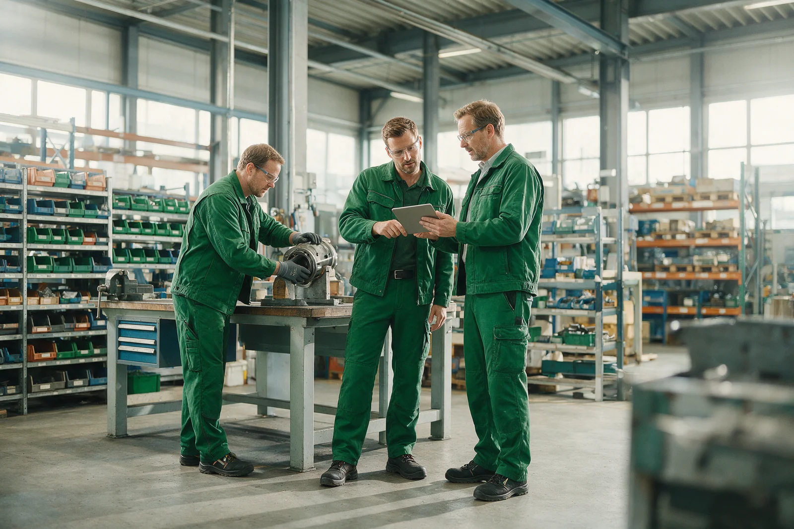 Fachkräfte in MK-grüner Arbeitskleidung bei technischer Arbeit und gemeinsamer Einsatzplanung